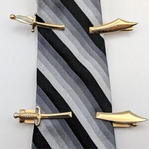 Vintage Gold Tone Sword Scimitar Tie Clips Set of 2 Mother of Pearl Swank